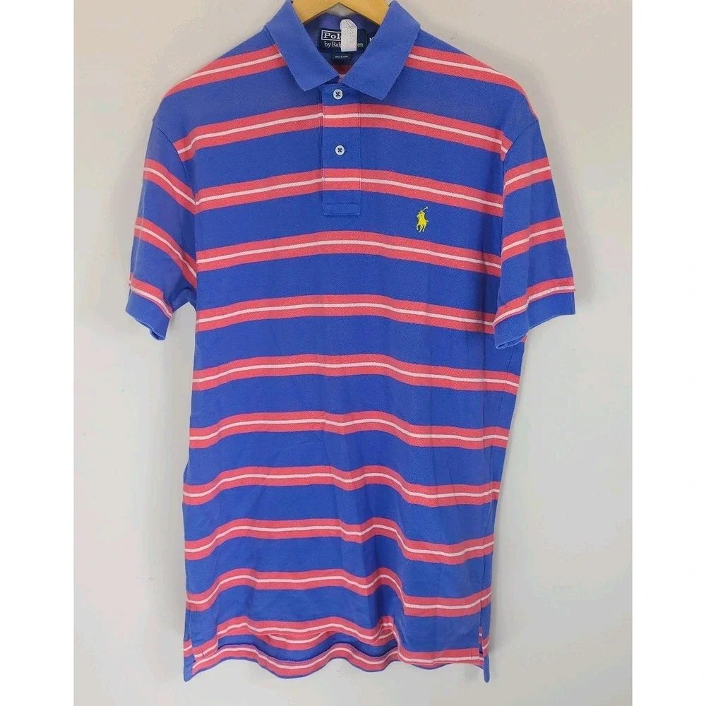 Polo Ralph Lauren Striped Polo Shirt Mens Medium Blue Coral Cotton Pony Logo